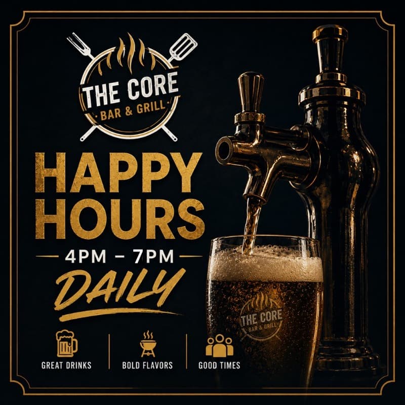 Daily Happy Hour 4pm to 7pm at The Core Bar & Grill Christchurch